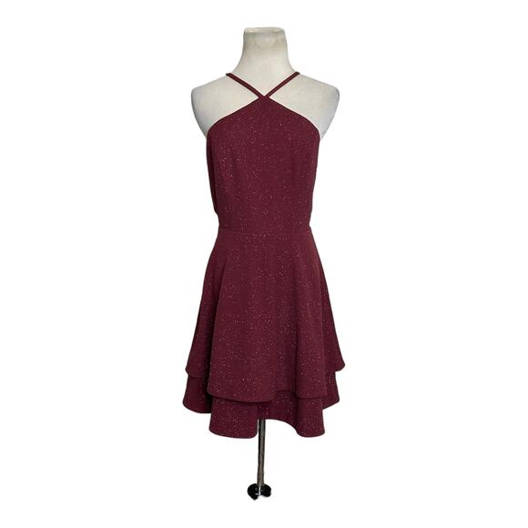 Speechless shimmery red Y neck layered skirt mini dress size M - Picture 1 of 16